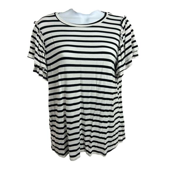 Green Envelope Black and White Striped Blouse Sz Small Flutter Short Sleeve Top - Picture 7 of 8